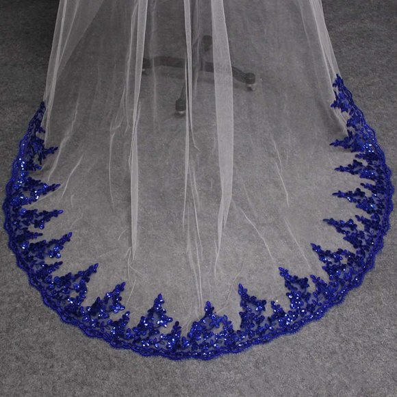 Two Tier Chapel White Wedding Veil With Royal Blue Sequined Lace Trim NWT main image 5